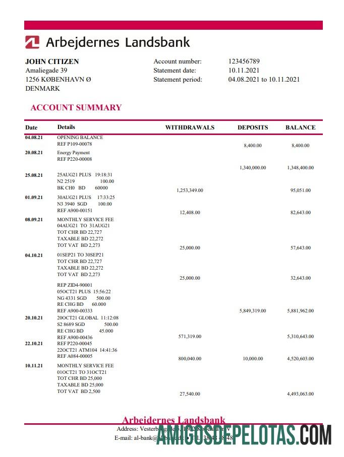 Extrato bancário do Dinamarca Arbejdernes Landsbank para impressão, modelo fácil de preencher em formato Excel e PDF